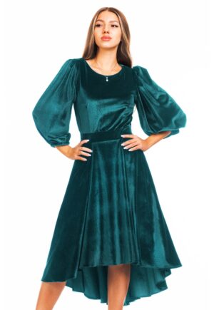 Rochie catifelata asimetrica cu maneci bufante