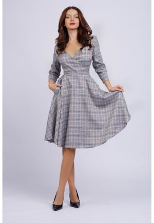 Rochie mini cu croiala in A si buzunare - Gri deschis/Portocaliu pal/Alb murdar