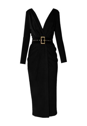 Rochie midi cu decolteu in V si curea Sting - Negru