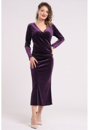 Rochie midi cu aspect de catifea si decolteu cache-coeur - Violet