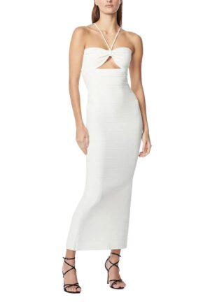 Rochie lunga din tesatura emblematica cu bustul decupat central si bretele subtiri - Alb