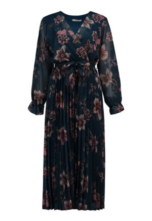 Rochie cu decolteu in V si imprimeu floral - Roz prafuit/Albastru petrol