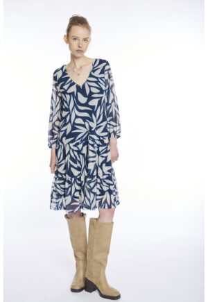 Rochie evazata cu decolteu in V - Alb/Bleumarin