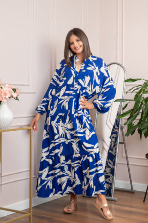 Rochie boho chic Daphne cu imprimeu albastru abstract