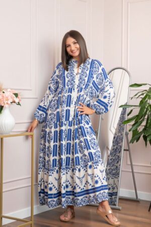 Rochie boho chic Daphne cu imprimeu albastru floral