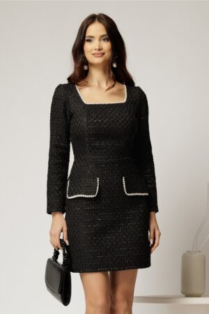 Rochie Bonnie neagra din tweed cu lurex si perle