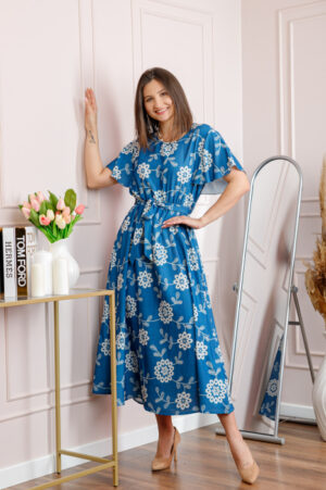 Rochie dama albastra Artemis cu imprimeu floral si cordon in talie