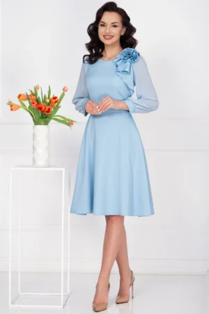 Rochie de ocazie Claudia bleu in clos cu maneci din voal