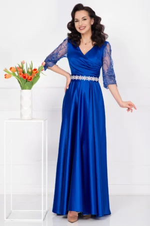 Rochie de seara lunga Giorgia albastru royal din tafta cu maneci brodate
