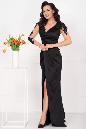 Rochie de seara neagra din tafta subtire Tania cu broderie aplicata