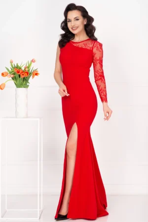 Rochie de seara rosie eleganta Jessie cu maneca din dantela
