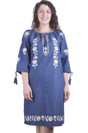 Rochie denim albastra cu motiv floral alb Romanita