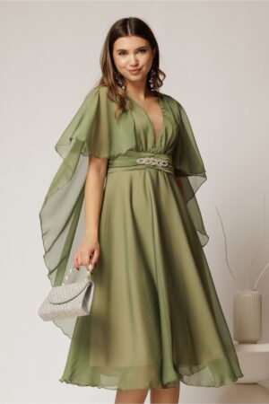 Rochie DY Fashion din voal verde in V capa si accesoriu in talie