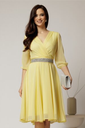 Rochie Dy Fashion galbena din voal cu fir stralucitor si cordon