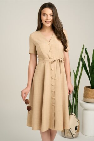 Rochie DY Fashion midi bej din material fluid in clos cu nasturi si cordon in talie