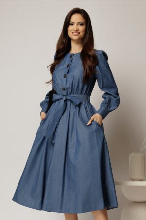 Rochie DY Fashion midi bleumarin din bumbac cu nasturi pe bust si cordon in talie