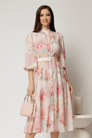 Rochie DY Fashion midi roz deschis cu imprimeu cu maneci bufante si curea in talie