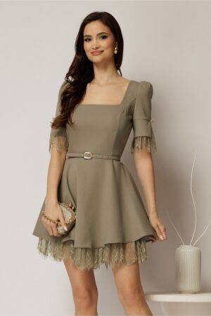 Rochie DY Fashion scurta kaki cu dantela la fusta si maneci
