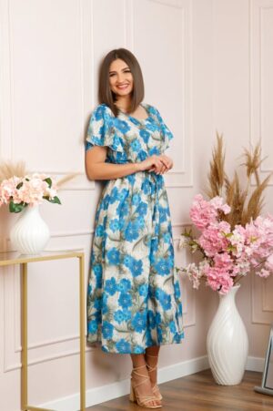 Rochie eleganta Fiorella cu imprimeuri florale - Albastru cu gri