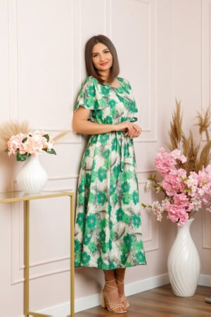 Rochie eleganta Fiorella cu imprimeuri florale - Verde cu gri