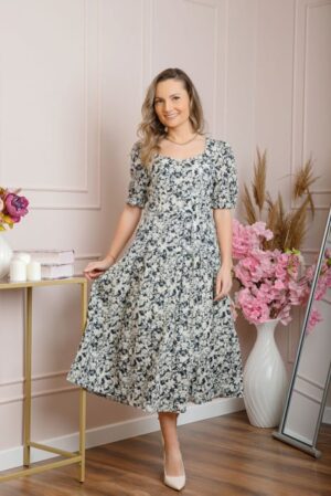 Rochie eleganta Helena cu imprimeuri florale si buzunare functionale - Negru