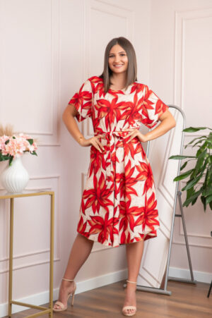 Rochie eleganta Olive cu imprimeu exotic rosu