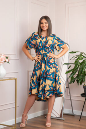 Rochie eleganta Olive cu imprimeu exotic turcoaz