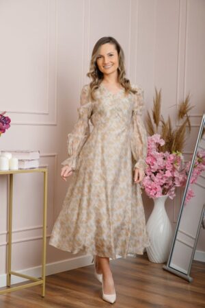 Rochie eleganta Sienna cu maneci bufante - Crem