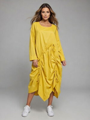 Rochie midi galbena cu design asimetric si detalii drapate