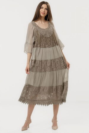 Rochie lunga din matase si vascoza cu detalii din dantela