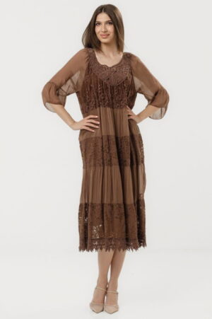 Rochie lunga din matase si vascoza cu detalii din dantela