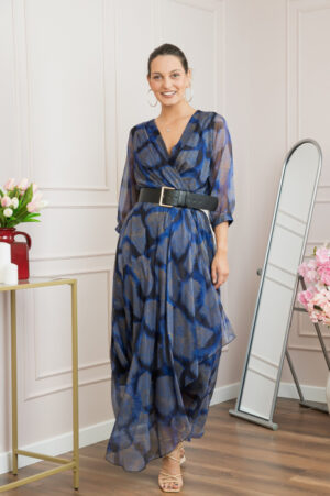 Rochie lunga eleganta cu animal print albastru si centura in talie