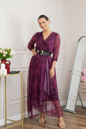 Rochie lunga eleganta cu animal print fuchsia si centura in talie