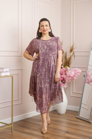 Rochie Margot din voal cu baza asimetrica si imprimeu floral lila