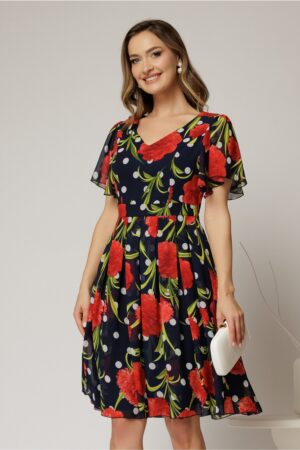 Rochie midi bleumarin cu imprimeu din voal cu decolteu in V si pliuri pe fusta