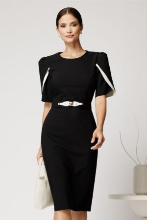 Rochie midi neagra din stofa cu croi conic si detalii ivory la maneci