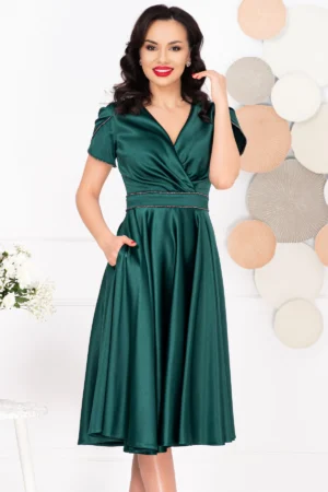 Rochie midi verde in clos Filipina cu maneci scurte tip lalea