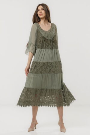Rochie lunga din matase si vascoza cu detalii din dantela