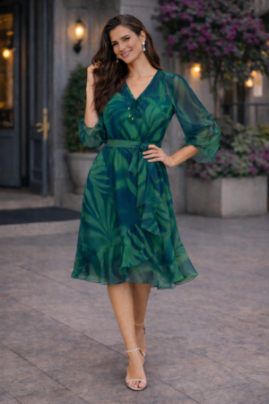 Rochie scurta verde din voal cu anchior si cordon in talie