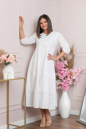 Rochie traditionala alba cu model perforat Bianca 01