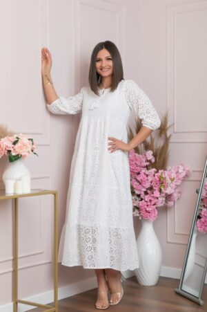 Rochie traditionala alba cu model perforat Bianca 02