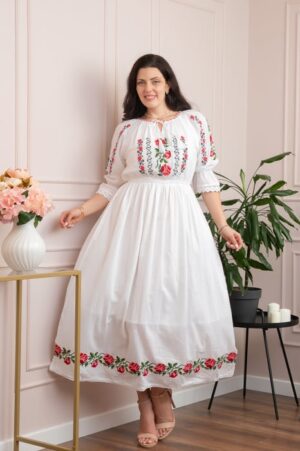 Rochie traditionala alba cu motiv floral rosu Mirabela