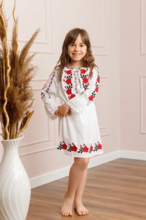 Rochie traditionala alba pentru fetite cu motiv floral rosu Anabela