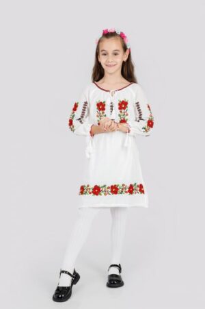 Rochie traditionala alba pentru fetite cu motiv floral rosu Antonia