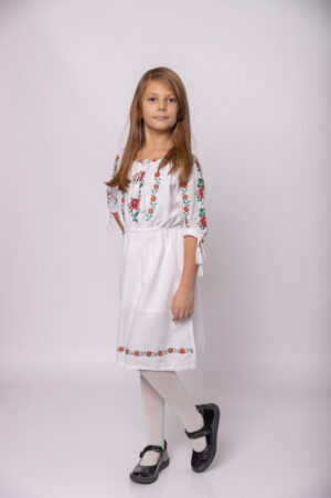 Rochie traditionala alba pentru fetite cu motiv floral rosu Ariana
