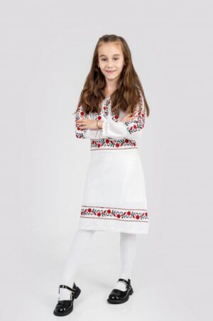 Rochie traditionala alba pentru fetite cu motiv floral rosu Tatiana