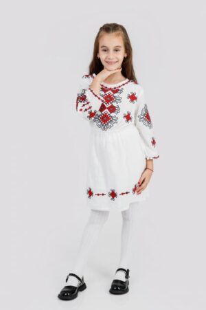 Rochie traditionala alba pentru fetite cu motiv geometric rosu Lorena
