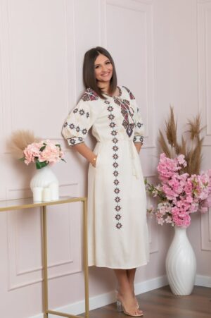 Rochie traditionala crem cu model geometric multicolor Viorela 02