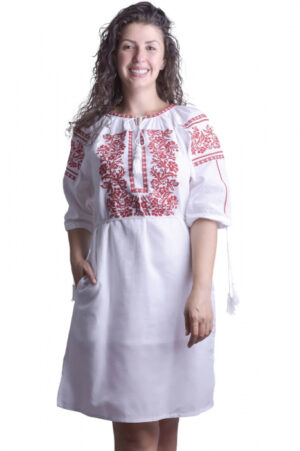 Rochie traditionala midi alba cu motiv floral rosu Selena