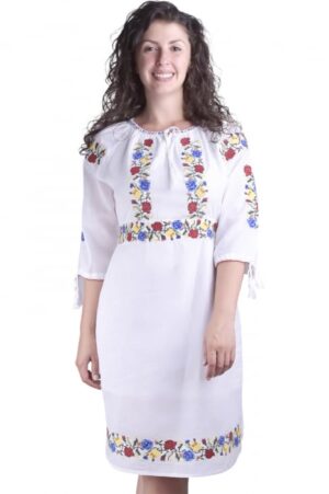 Rochie traditionala midi alba cu motiv floral tricolor Daciana